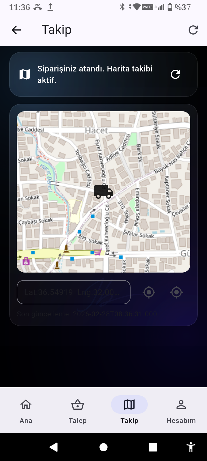 IBTEKNO mobil uygulamada canlı teslimat takip ekranı