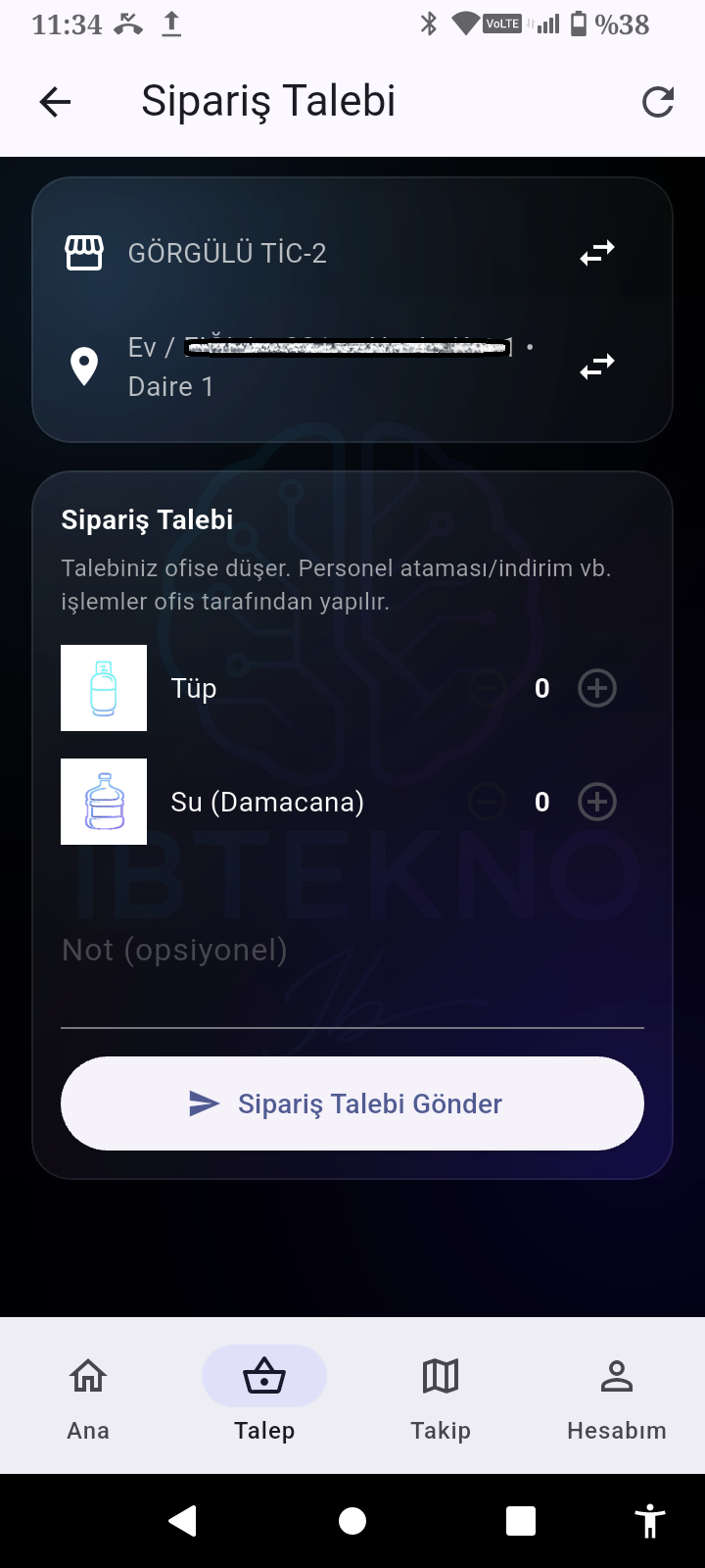 IBTEKNO mobil sipariş talebi ekranı